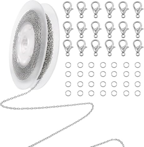 TOAOB 15 M Gliederkette Edelstahl Kabel 1.5 mm Silber mit 180 Sprung Ringe | für DIY Schmuck Basteln Herstellung, Halskettenverlängerungen, Armband Verlängerungskette, Schlüsselanhänger