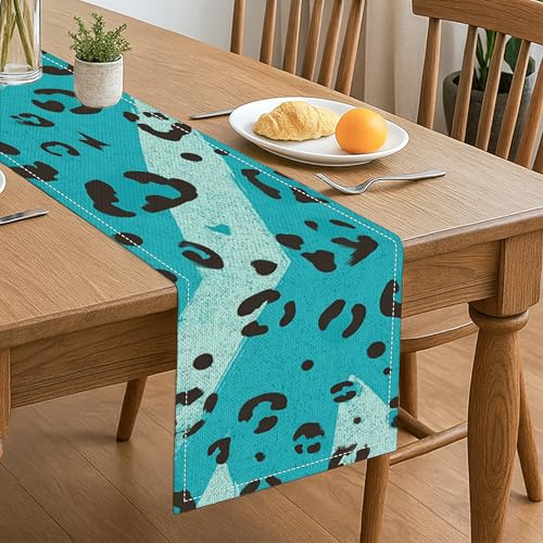 Tischläufer mit Leopardenmuster, modernes abstraktes Tiermuster, Dekoration für Küche, Esszimmer, Zuhause, Familienfeiern, 33 x 183 cm, Türkis