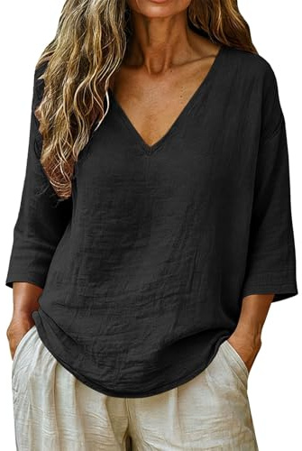 Magliette Donna Manica Corta 3/4 Lino Cotone Scollo a V Camicette Elegante Camicia Donna Estiva Curvy Blusa Leggera e Comode Casual Maglia Donne Maglietta Versatile Traspirante Abbigliamento Oversize