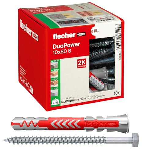 Fischer 10 Tasselli Lunghi Duopower con Vite 10x80 mm Universali, per il Fissaggio di Mensole, Pensili, Staffe Porta TV su Muro e Forati, 538257