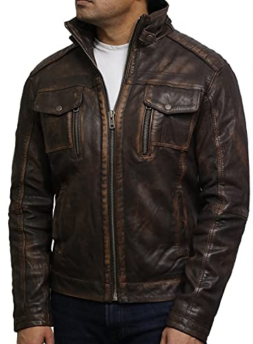 BRANDSLOCK Herren Lederjacke Biker echtes lammfell Jahrgang schwarz