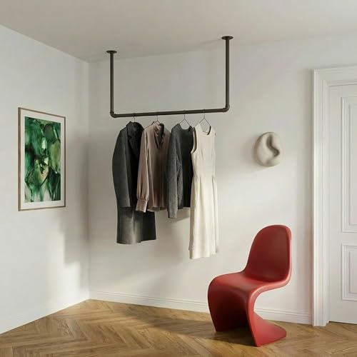 pamo clothes rail industrial loft design - HANG LOW - clothing rack for walk-in wardrobe I bedroom or bath - clothes rack made of black sturdy water pipes/tubes with wall mounting