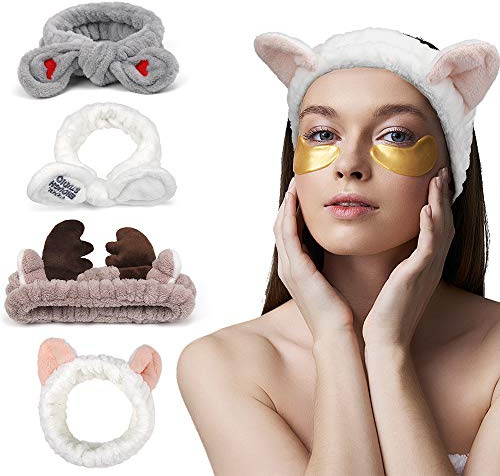 AHONEY Makeup Spa Headband Face Wash Headband for Women Girls Cute Headbands Animal Ears Shower 4Pcs Coral Fleece Hair Band Women Cosmetic Headwrap for Spa Yoga Makeup Washing Face