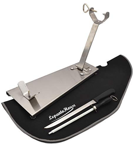 FERRETERIA LEPANTO Supporto per prosciutto pieghevole in acciaio inox, piastra pieghevole, base inox, più set di taglio composto da coltello da prosciutto + sciaira + copriprosciutto LepantoHouse