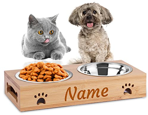 OXYEFEI Gamelle Personnalisée pour Chien et Chat - Bol avec Prénom Gravé en Bambou Durable pour Petits et Moyens Animaux - 250ml (2 Bol)