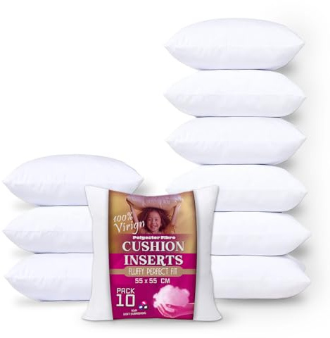 Cushion Inner Pads (Pack of 10), 50 x 50 cm (20 x 20) - Hollowfibre Stuffed Square Pillows - Cushion Insert Decorative - Anti-Allergy Made in Britain UK