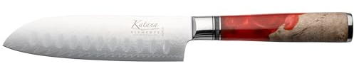 Katana Saya Elements 12 cm Santokumesser, Vulkanisches Rot – VG-10-Damaststahl mit hohem Kohlenstoffgehalt für extreme Robustheit und Schärfe – Griff aus natürlichem Olivenholz und Harz