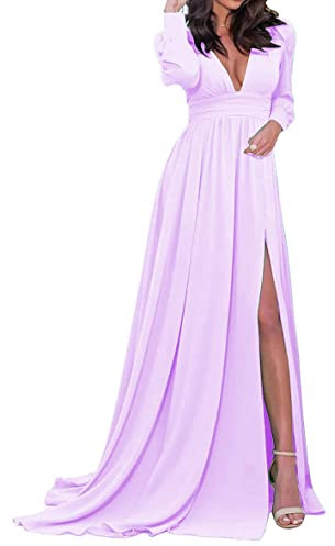 HPPEE Vestido formal de fiesta de graduación con abertura para mujer, manga larga, cuello en V profundo, vestido de dama de honor, Lila, 42