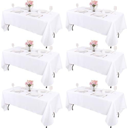 Kesfey 6 Packs White Table Cloths Rectangle 60 x102 inch High Density Washable Polyester Fabric White Tablecloths for 6 Foot Tables Rectangle Wrinkle Resistant Tablecloth for Parties Wedding Banquet