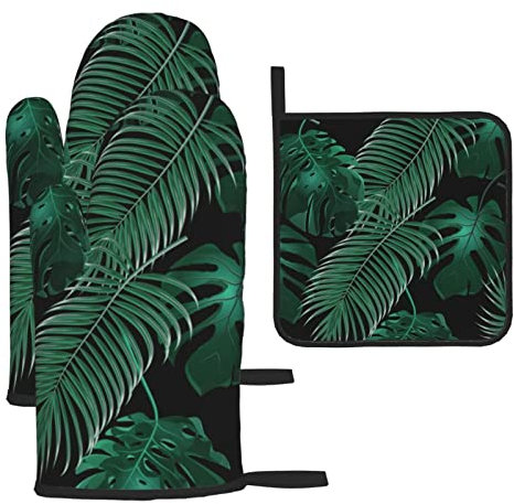Lot de 3 maniques et maniques résistantes à la chaleur - Motif feuilles de bananier - Vert - Antidérapantes - Imperméables - Pour cuisine, barbecue