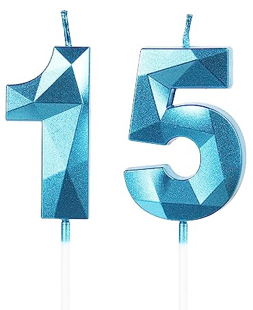 Geburtstagskerzen Zahl 15 Blau - 3D Blaue Kerzen zum 15 Geburtstagsdeko (Nummer 15 Kerze, Tortenkerzen) Geburtstagsparty, Feier