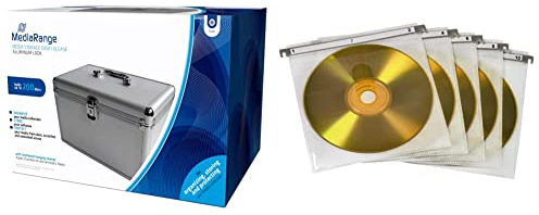 MediaRange Archivierungskoffer für 200 Discs, Aluminium-Optik, silber, 18cm & Hama CD Doppel-Schutzhüllen (für 100 CDs/DVDs/Blu-rays, zur Befestigung in Hängeregistern) 50er-Pack, weiß
