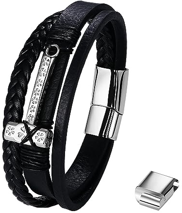 OIDEA herrarmband läder flätad med magnetisk stängning med kors nautisk knut Tors hammare varghuvud varg armband silver svart present till son med To my son kort, 21 - 22 cm, Läder
