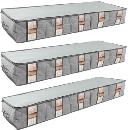 Newaner 3 Stück Unterbettkommode,Unterbett Aufbewahrungsbox mit Trennwand Vliesstoff Faltbare Aufbewahrungstasche Kleideraufbewahrung mit Klarem Fenster für Bettdecken Kleidung 97 * 33 * 15cm