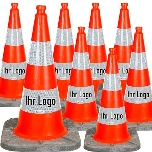 UvV 8 Stück Bigfoot Premium Leitkegel 75cm Pylone rot/schwarzer Fuß 5,5 kg + Reflexfolie Typ 2cM mit Logodruck