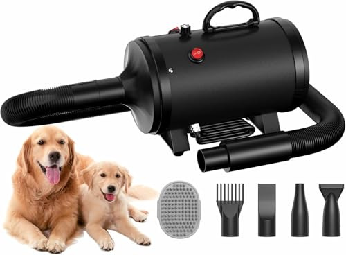 Blanlody Hundefön Blower Sehr Leise 4.5 PS / 3200W Motor Einstellbare Geschwindigkeit, Hundepflege-Trockner-Gebläse mit 4 verschiedenen Düsen elastischem Schlauch und Pflegebürste…