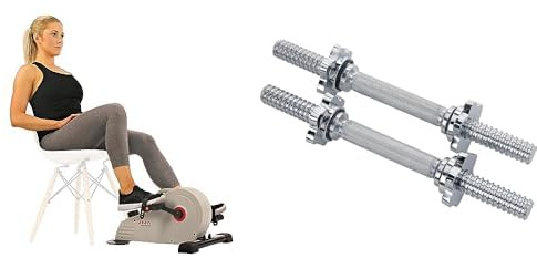 Sunny Health & Fitness Magnetic Under Desk Pedal Exerciser, Dual Function Mini Exercise Cycle Bike + 35.5 cm Threaded Chrome Dumbbell Bar