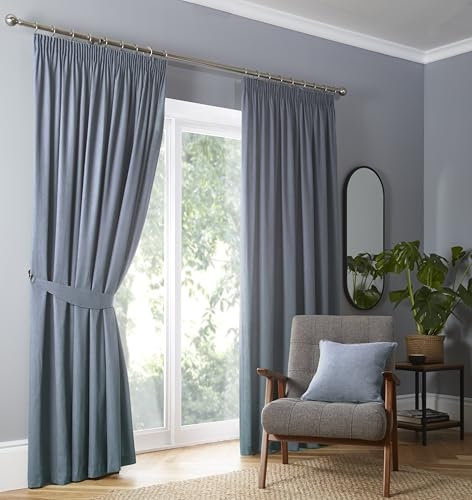 Fusion Light Blue Blackout Curtains W66 x L54 – 100% Cotton Pencil Pleat – Thermal & Soundproof Drapes – 2 Panels – Sky Blue Window Treatment for Bedroom & Living Room
