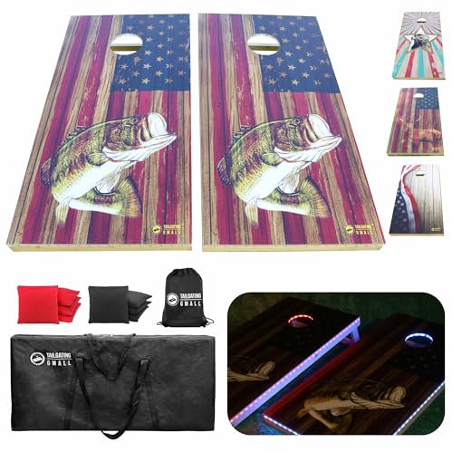 Tailgating Gmall LED-Cornhole Board Set, 1,2 m x 60 cm, Massivholz, reguläre Größe, Cornhole Set mit LED-Lichtern, inklusive 8 Cornhole-Taschen für Erwachsene (USA-Flagge und Fische, 1,2 x 60 cm)