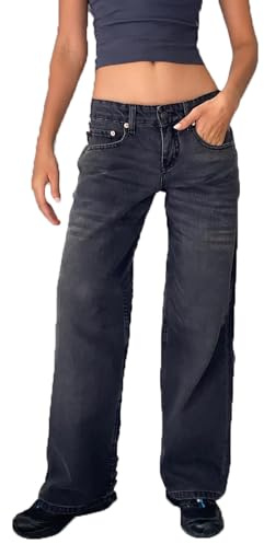 Jean Stretch Coupe Boyfriend Baggy Pantalon pour Femme avec Patte de Boutonnage Jean Large Taille Basse Jean Évasé Baggy pour Femme Pantalon Droit en Jean Bleu Vintage Jean à Enfiler(Black,XS)
