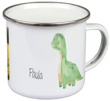 ORWO – 300 ml Kinder-Tasse Emaille mit Namen personalisiert | robuste Blechtasse | Kinder Trinkbecher mit Foto | hochwertiger Druck: handmade in Germany (Dino)