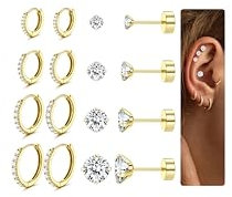 JeweBella 8 Paar Ohrringe Gold Silber Set für Damen Hypoallergen Piercing Ohr Chirurgenstahl Ohrringe Vergoldet 14K Medizinische Ohrstecker Gold Creolen Set Helix Knorpel Piercings für Frauen Männer