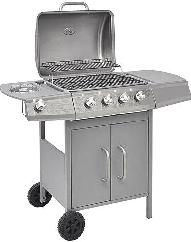 IKAYAA Barbecue e Griglia a Gas 4+1Barbecue a Gas con 4 Fuochi Multifunzione Completo di Bruciatore Laterale Coperchio, Termometro, Griglia in Ghisa, Ruote E Struttura-Argento-Tipo 1