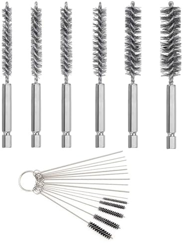 Oiieco 21 Pcs Wire Bore Brush Set, 6 Stainless Steel and 15 Nylon Tube Cleaning Brushes with 1/4 Inch Hex Shank, Drill Cleaning Tool Kit for Tubes, Ports, Bearings, Automotive and Workshop Use