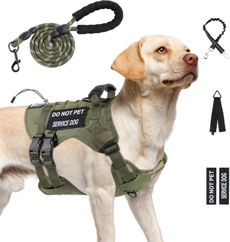 Yungaspy No Pull Tactical Dog Harness for Large Dogs, Escape Proof Molle Dog Vest Harness and Leash Set, Adjustable Military Service Dog Harness with Handle for Medium Large Dogs(Green, L)