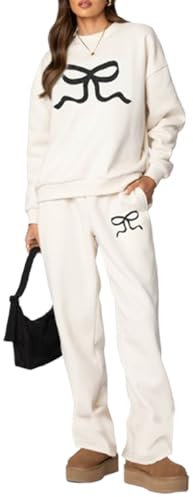 FeMereina 2-teiliges Lounge-Set für Damen, Herbst-Sweatanzüge, Schleifendruck, langärmelig, Rundhalsausschnitt, weites Bein, Sweatpants passender Trainingsanzug (Beige, L), beige, L
