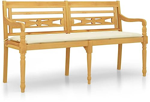 ULUYYUC Sitzbank Balkon Bierbank Gartenloege Garden Bench - Batavia-Bank mit Creme Kissen 150 cm Massivholz Teak für Innenhof Balkon Terrasse Parks