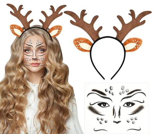 DIELOVEHUA Rentier Haarreif, Geweih Haarreif + Reh Gesichtstattoo, Rentier Stirnband, Reh Kostüm Damen, Reh Haarreif für Damen Kinder Halloween Cosplay Karneval Weihnachten