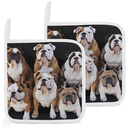 Quadratische Topflappen mit englischen Bulldoggen, hitzebeständig, mit Aufhängeschlaufe, Topflappen, rutschfest, Topfuntersetzer zum Kochen, Backen, 2 Stück