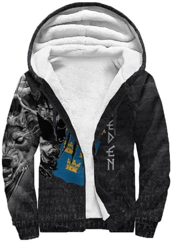 Nordic Printed Viking Wolf Clothing, Men's Classic Fashion Winter Hoodies, Faux Cashmere Casual Outerwear Medieval Pagan Jacket(Sweden,XXL)