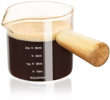 HOTUT Misurini in Vetro per Espresso, 75 ml Bicchierino per Caffè con Manico in Legno, Doppio Beccuccio Tazza da Latte Vetro Trasparente Misurino per Latte Utensili da Cucina
