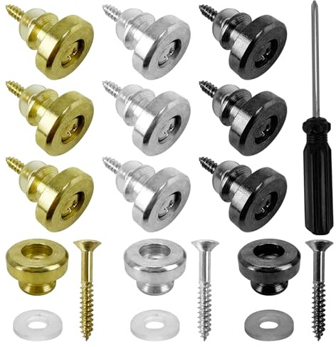 12 Stk Gitarrengurt Fixateur Metall Gitarrengurt Endknopf Gitarrengurt Knöpfe mit Befestigungsschrauben und Gummi Kissen für Klassische Elektrische Akustik Gitarre Gitarre Bass (Gold, Silber, Schwarz)