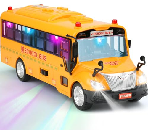 Cdymkf Yellow School Bus Toy for Kids，1/16 Scale Interactive Friction-Powered Car with 4 Different Flashing Lights & Sounds, Open Doors & Realistic Design Preschool Learning & Role Play