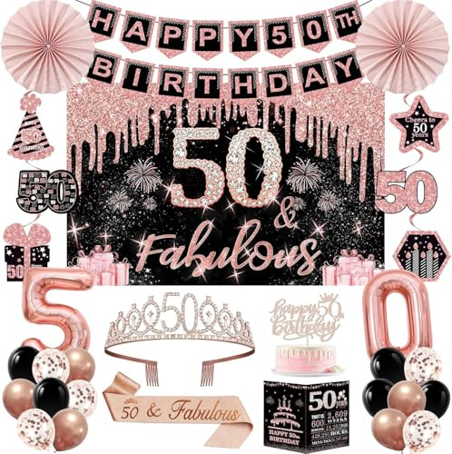 50th Birthday Decorations for Women, Rose Gold 50th Birthday Party Kits | 32pcs Happy 50 Years Old Party Decorations Set, Backdrop, Crown, Sash, Banner, Cake Topper, Balloons, Card, Paper Fans