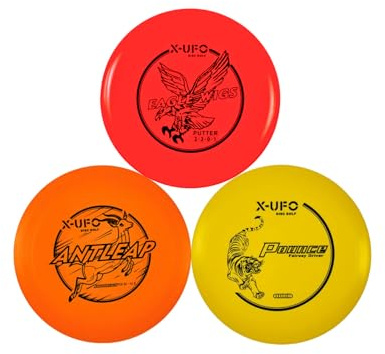 X-UFO Disc Golf Set - Disc Golf Beginner's Set 3 pcs with Putter, Driver, Middle Distance Disc, Mini Disc, 157-175 Grams, Suitable for Beginners and Professional disc Golf tournaments.