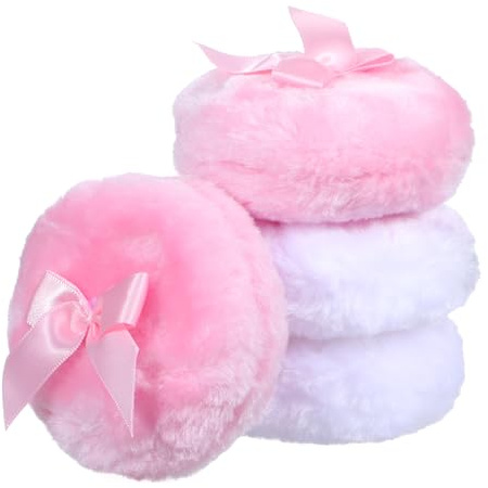 HJZHII 4PCS Large Fluffy Powder Puff, 3.5 Inch Round Soft Body Powder Puffs Reusable Dusting Powders Puff with Ribbon Bow Handle Makeup Body Applicator for Women Girls(Color B)