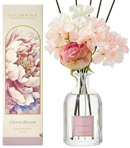 COCORRÍNA Fragancia de flor con 8 varillas aromáticas de 250 ml, cereza, natural, de larga duración, fragancia para el hogar, salón, dormitorio, baño, decoración de estanterías