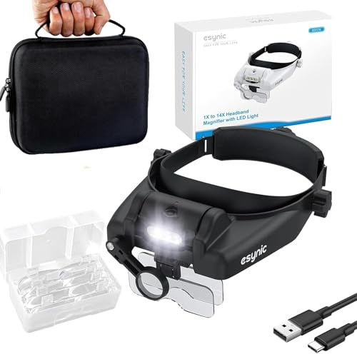eSynic 1-14X Lente di Ingrandimento Frontale a LED Luce Regolabile, con 5 Lenti 1.0x 1.5x 2.0x 2.5x 3.5x e Borsa Zip, Lente d'Ingrandimento ad Archetto Ricaricabile per Orologiaio Riparazione - Nero