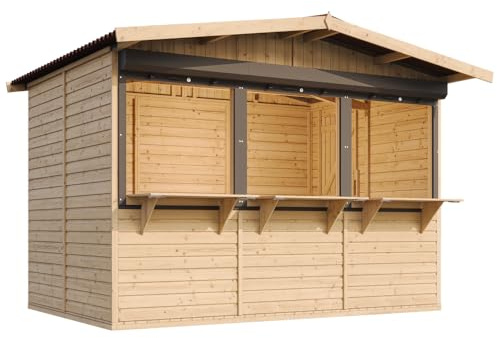 TIMBELA M150AZ Holz Gartenhaus/Marktbude, Kiefer Fichte, Verkaufsstand mit Theke, 263x336 cm (6 m²), multifunktionale Garten-Bar, Verkaufshütte mit 3 Rollläden
