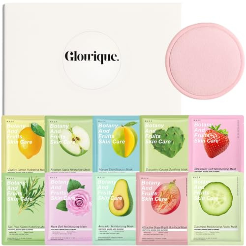 10PCS Fruit Face Mask Skincare Set with Reusable Pad | Hydrating & Smoothing Sheet Masks Gift Set for Teenage Girls & Women | Moisturizing Face Masks for All Skin Types | Glowique