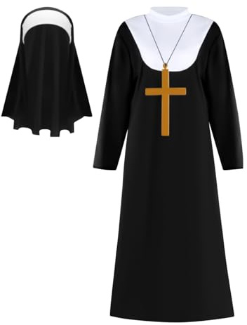 Gwtdtoad Nonnen Kostüm Für Damen, Halloween Nonnenkostüm Set Mit Nonnenkleid,Kopftuch Und Kreuz, Nonne Kloster Schwester Mittelalter Kostüm Für Frauen Und Erwachsene, Halloween-Party