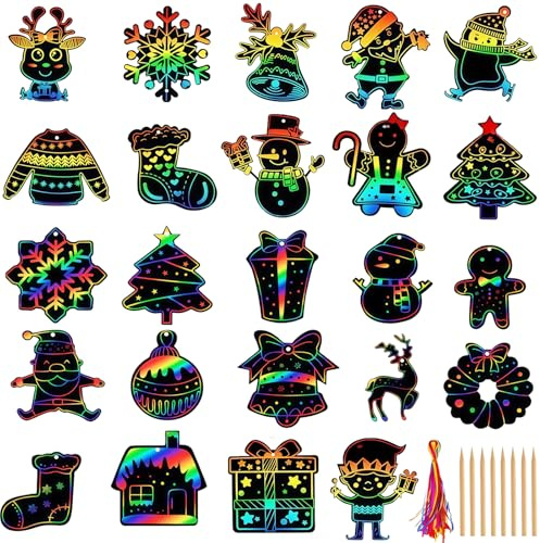 AYNKH 24 Stück Weihnachten Kratzbilder, Regenbogen Kratzbild Set für Weihnachtsdekorationen und als Adventskalender-Füllung,Magie Kratzpapier Ornamente für Party Favor Urlaub Dekor
