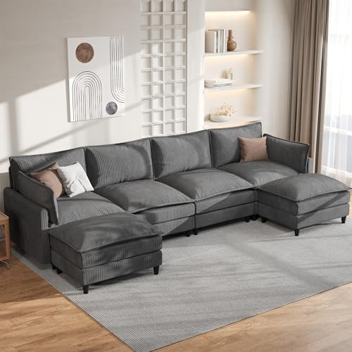 APICIZON Couch mit Schlaffunktion, U Form Sofa 4 Sitzer, 363cm Länge-Wohnzimmer Couch mit Cordbezug, Big Sofa mit 4 Rückenlehnen&2 Kissen&2 Ottomane, Seitliche Magazin-Aufbewahrungstasche, Grau