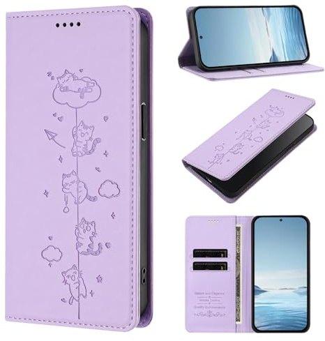 BEENTRYS Cuero PU Funda para Motorola Moto E20 / E30 / E40 Funda,Carino Gato Cartera con Tapa Ranuras para Tarjetas Soporte Magnético Flip Case Protección RFID Antigolpes Carcasa-Moradoclaro