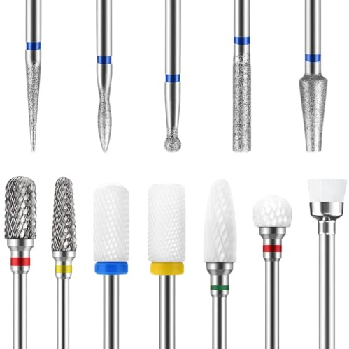 Flintronic Set med 12 nagelborrar, 3/32 tum professionell nagelslipspets, 4 keramiska strängar + 7 diamanter + 1 borste, nagelslipspets för borttagning av gel, akryl, nagelband, polering