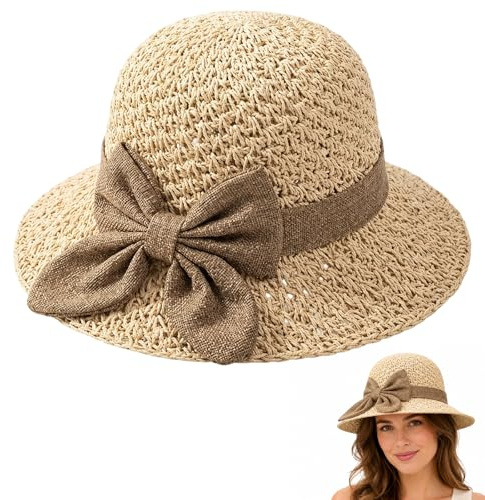 OhebEsx Strohhut Damen, Sonnenhut Damen UV Schutz, Faltbarer Strandhut Sommer, UV Hut Damen mit Gärtnerhut Funktion